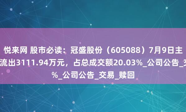 悦来网 股市必读：冠盛股份（605088）7月9日主力资金净流出3111.94万元，占总成交额20.03%_公司公告_交易_赎回